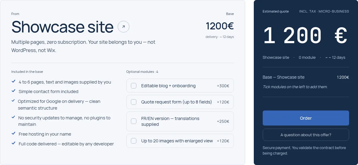 The Akvayli configurator: services, options and an itemised quote